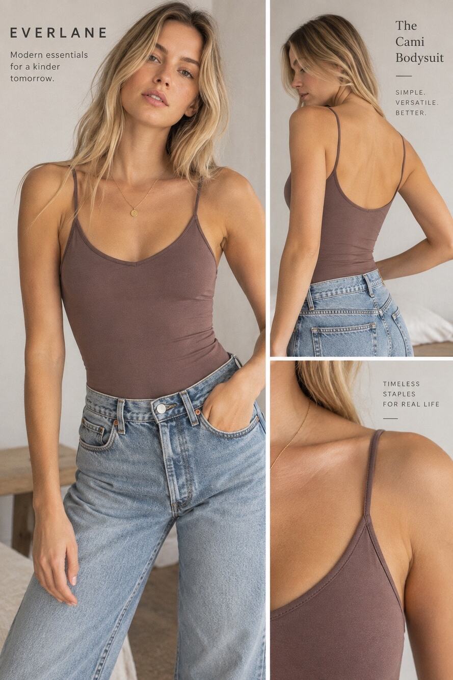 Everlane The Cami Bodysuit S Peppercorn Supima Cotton V Neck 90s Minimalist